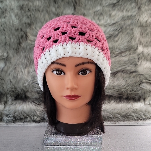 Chic Pink and White Crochet Beanie - Picture 1 of 10